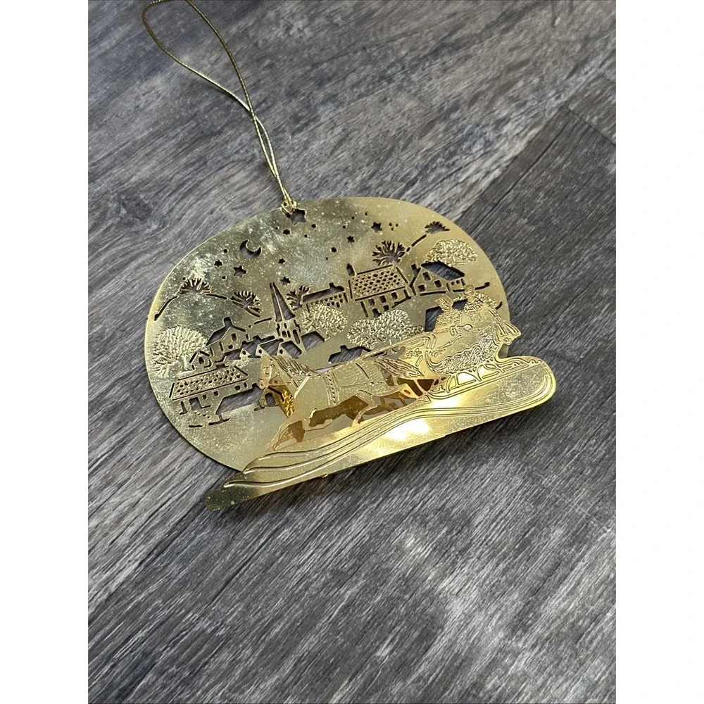 Hallmark 1982 3D Brass Sleigh Ride Gold Tone Christmas Ornament